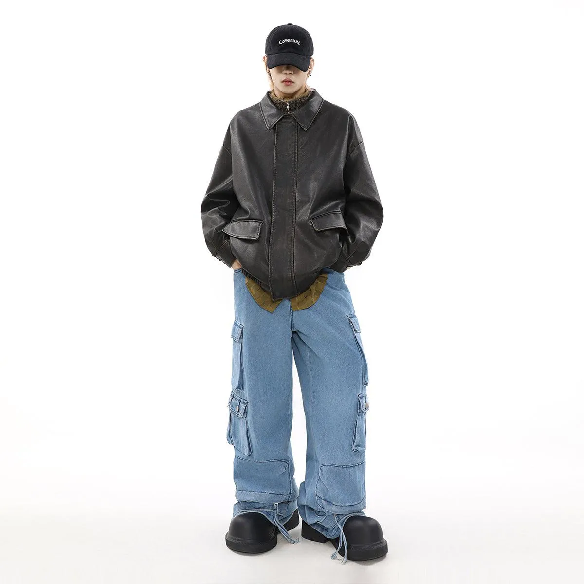 Distressed Gartered Hem Faux Leather Jacket