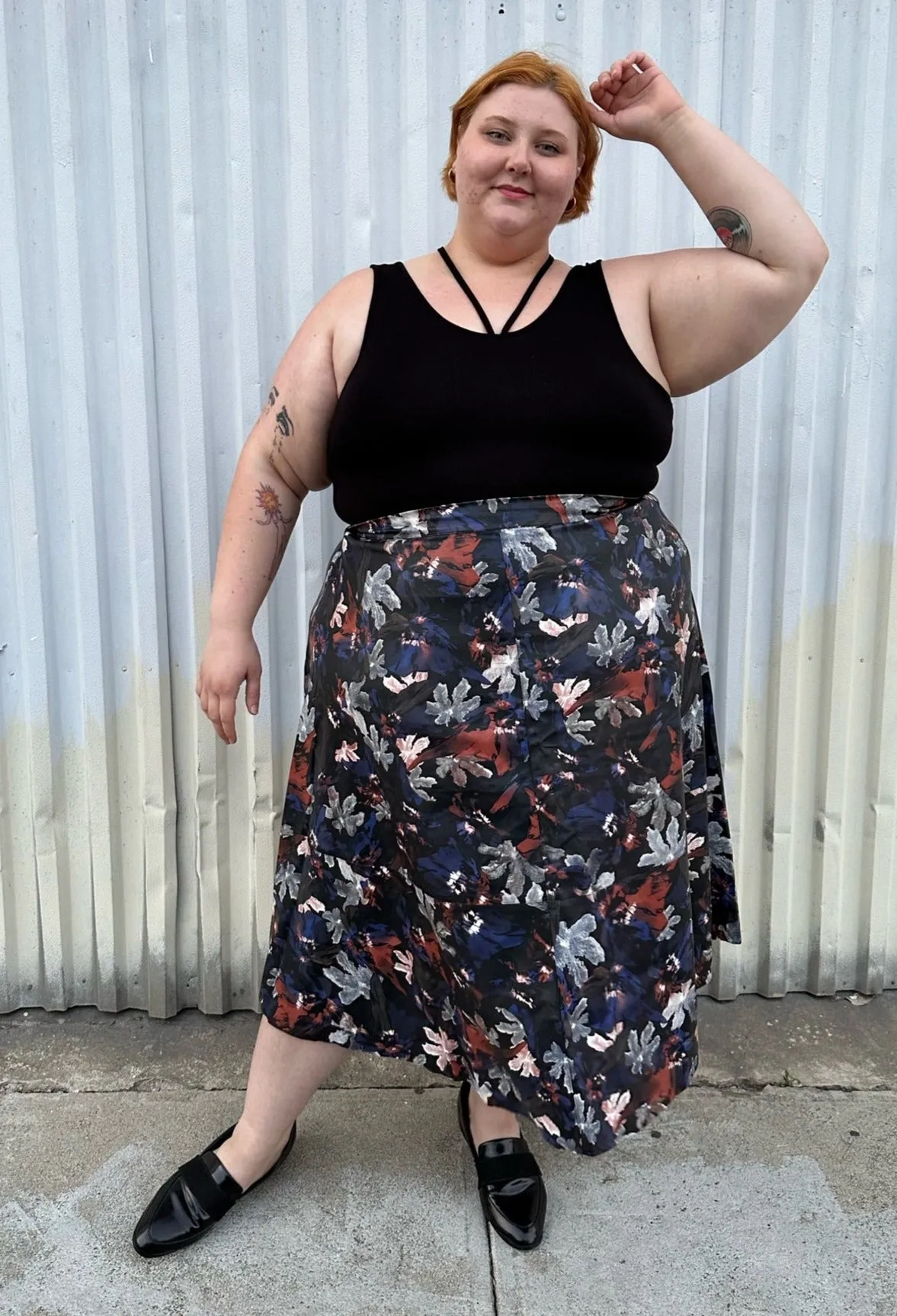 Eloquii Black Pleather Maxi Skirt with Cool-Tone Floral All-Over Pattern, Size 24