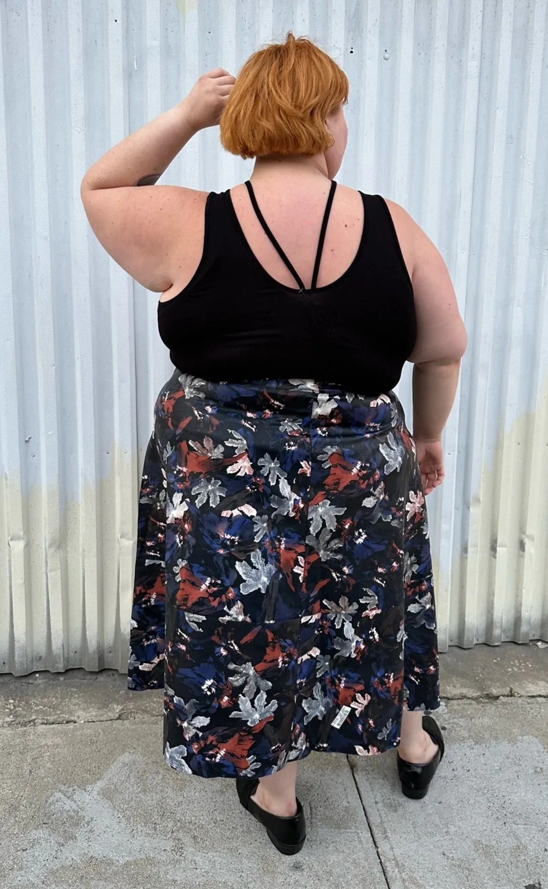 Eloquii Black Pleather Maxi Skirt with Cool-Tone Floral All-Over Pattern, Size 24