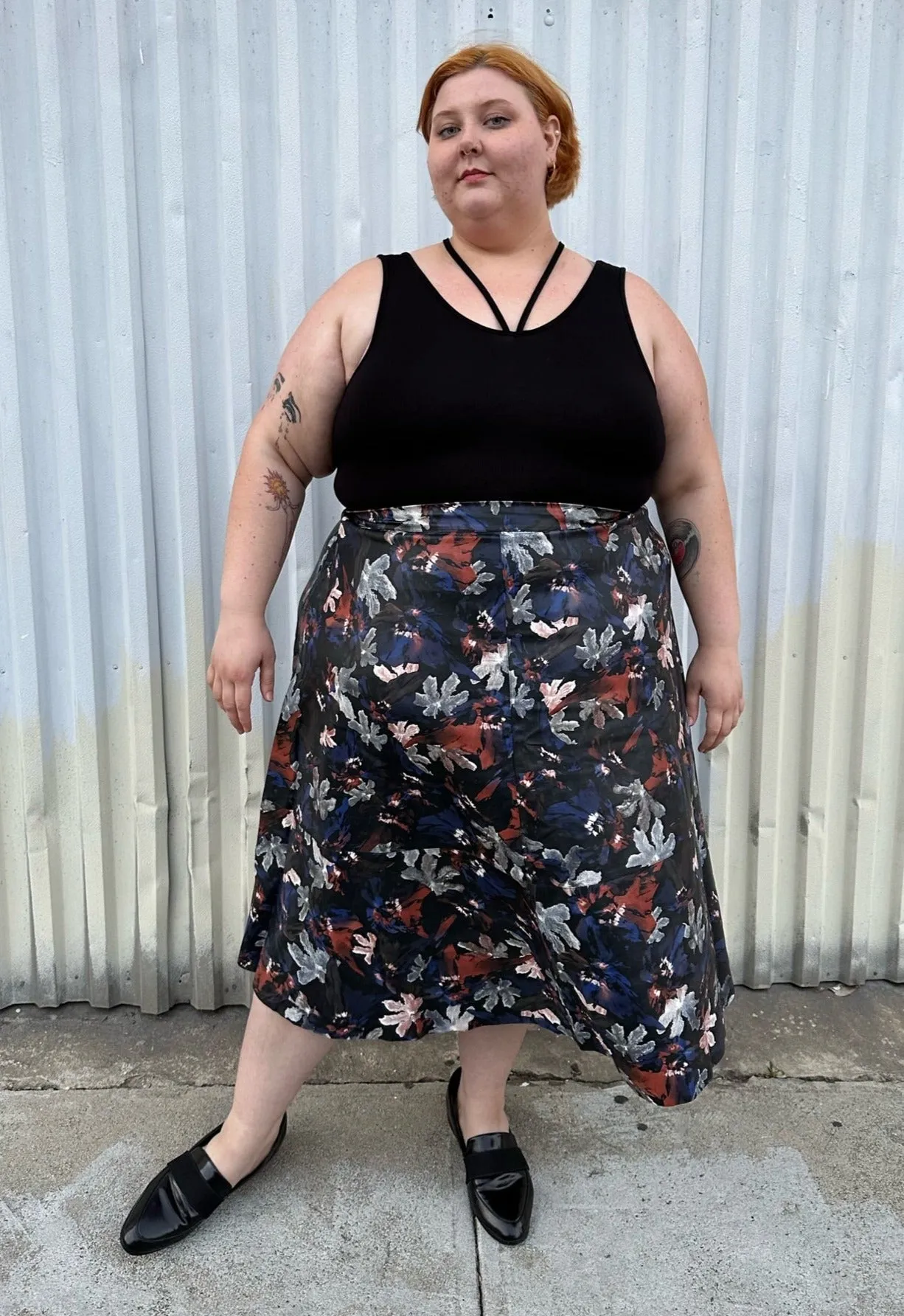 Eloquii Black Pleather Maxi Skirt with Cool-Tone Floral All-Over Pattern, Size 24