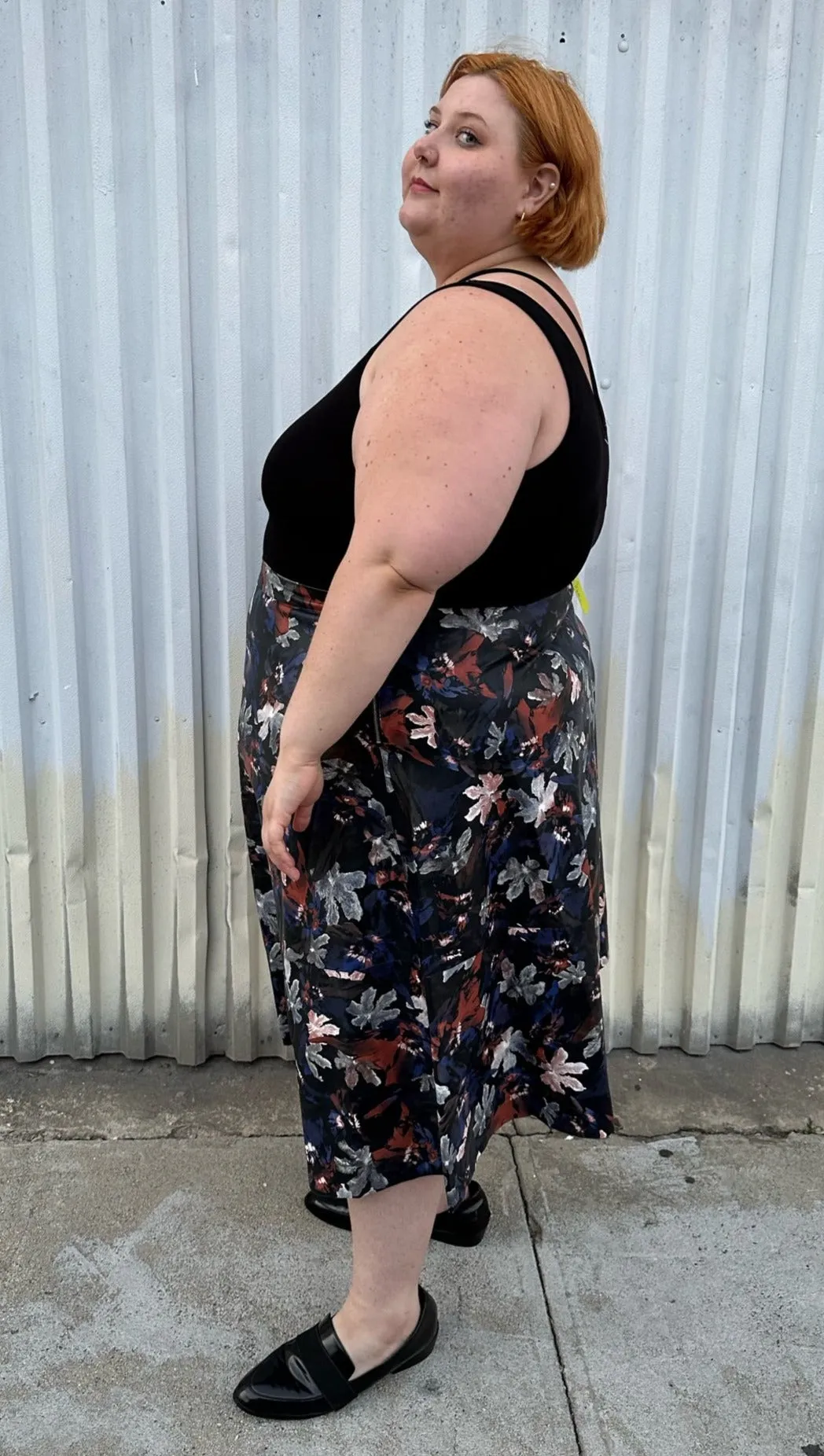 Eloquii Black Pleather Maxi Skirt with Cool-Tone Floral All-Over Pattern, Size 24