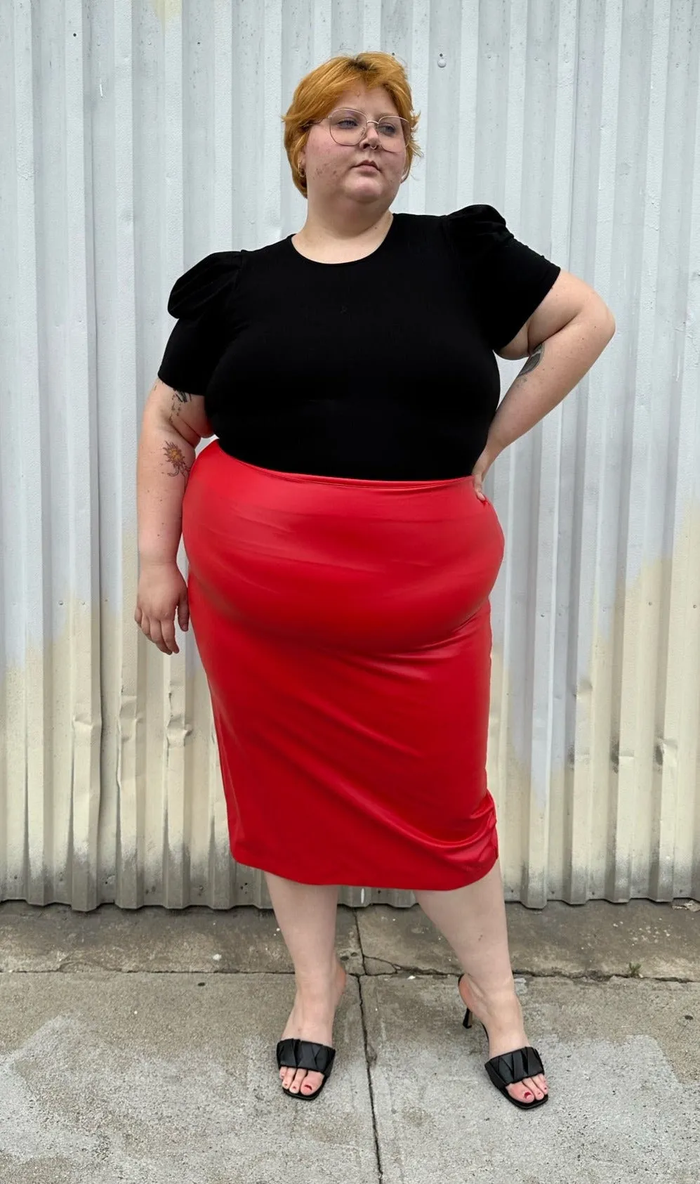 Eloquii Bright Red Pleather Midi Pencil Skirt, Size 24