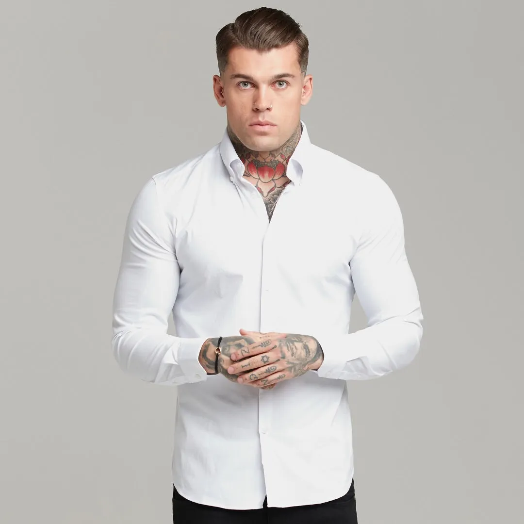 Father Sons Classic White Regular Stretch Shirt with Button Down Collar and White Embroidery - FS589