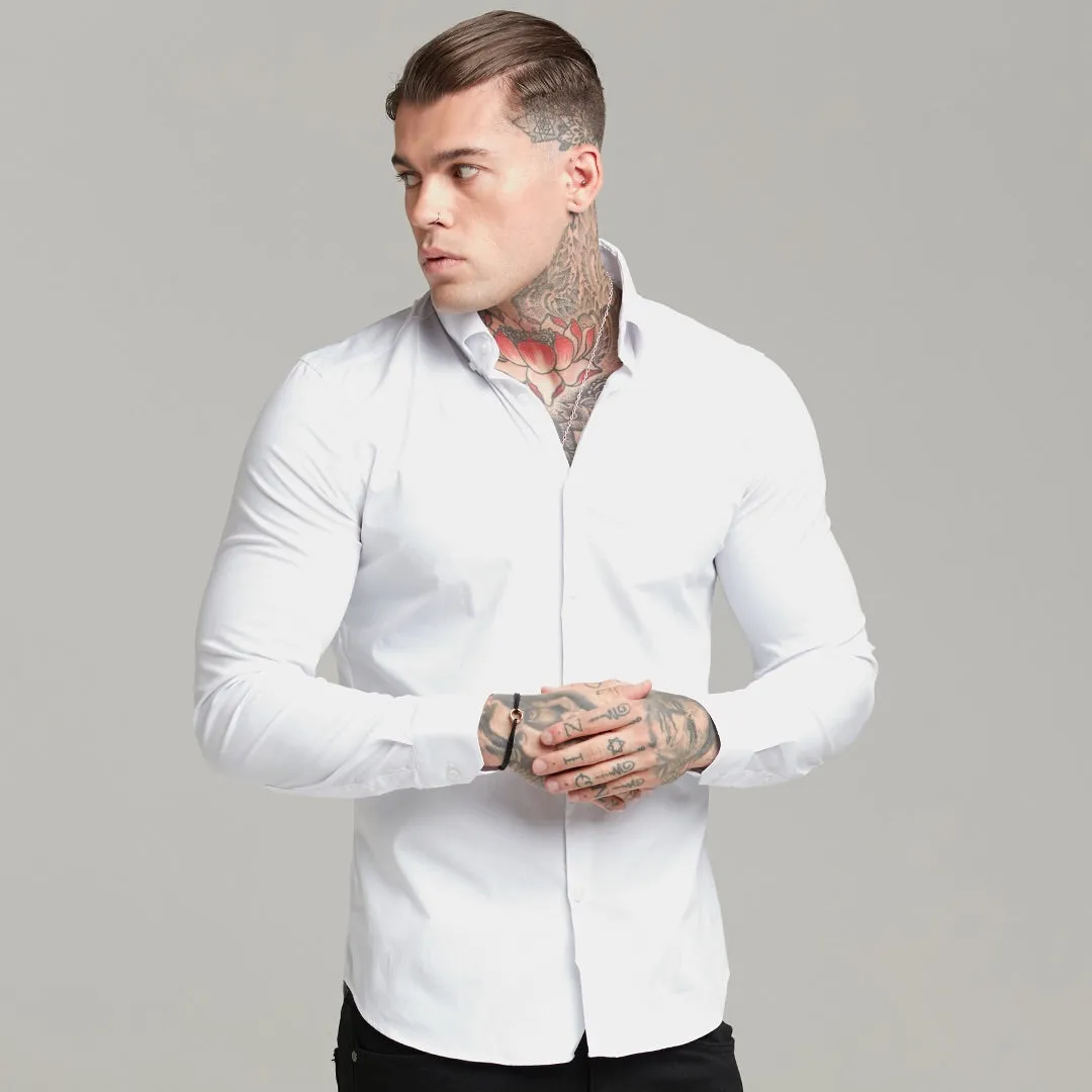 Father Sons Classic White Regular Stretch Shirt with Button Down Collar and White Embroidery - FS589