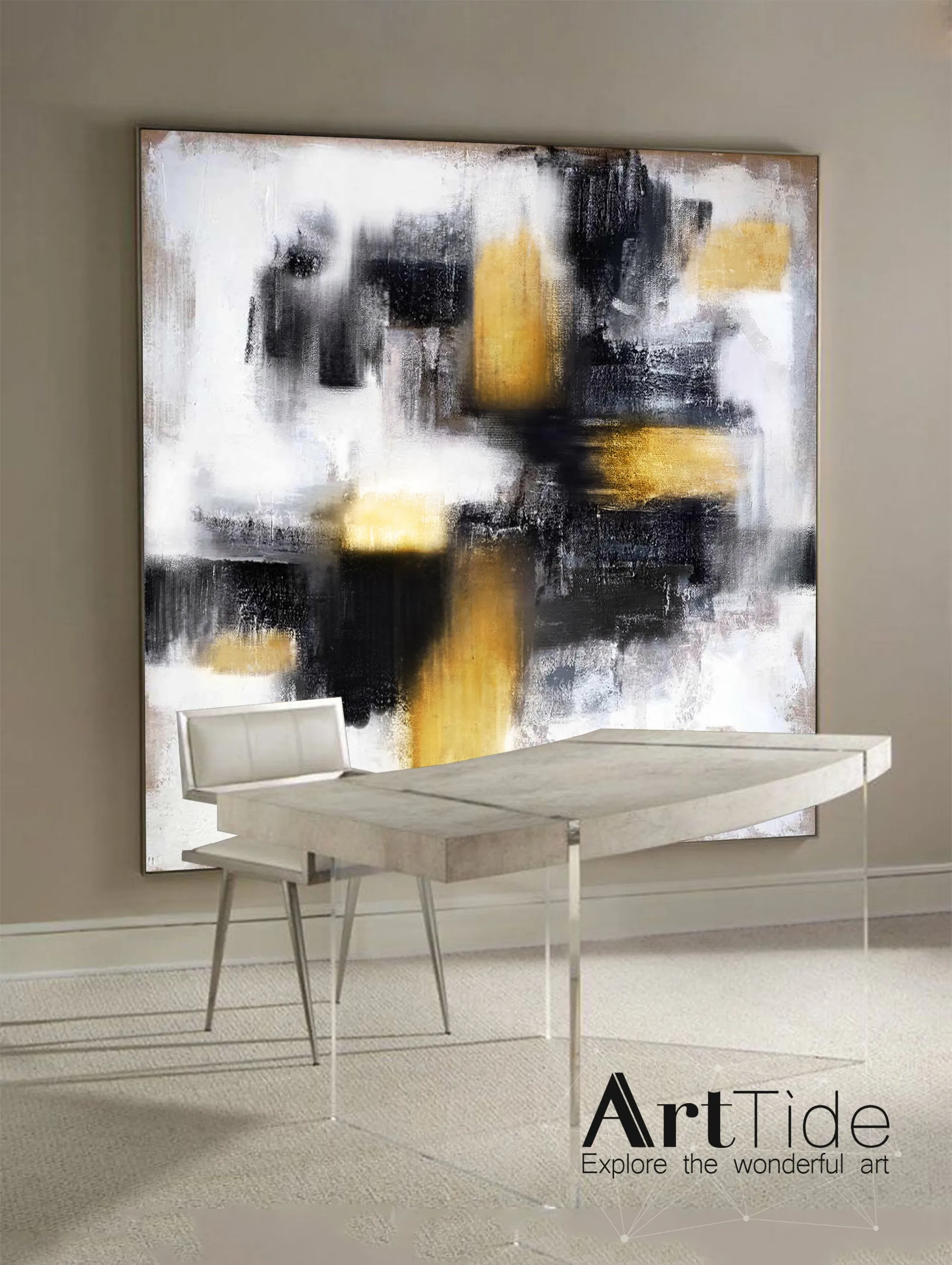 Gold Painting Black And White Abstract Painting Contemporary Art Ap037