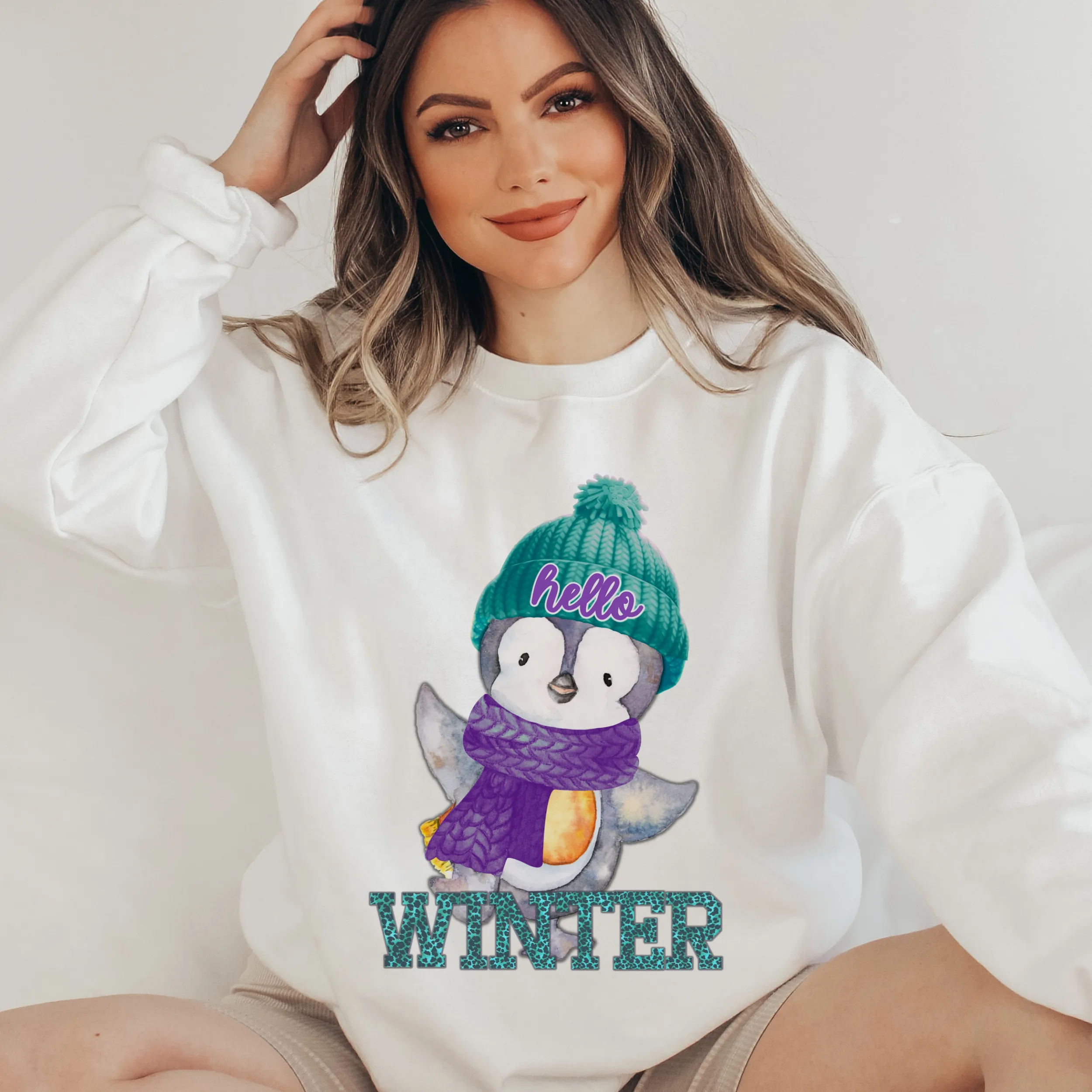 Hello Winter Penguin Crewneck Sweatshirt Women's Soft, Cozy Pullover in Ash or White Cute Watercolor Penguin in a Beanie Design