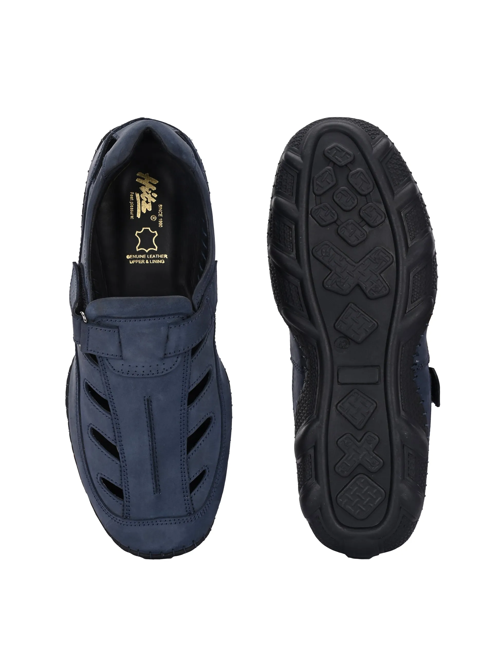 Hitz Men's Blue Leather Daily Wear Velcro Sandals