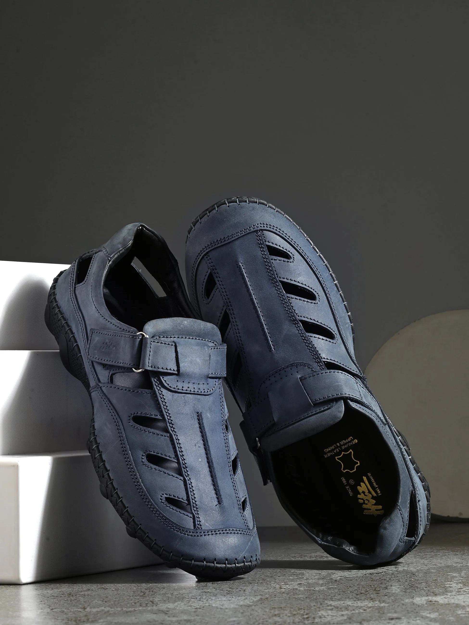 Hitz Men's Blue Leather Daily Wear Velcro Sandals