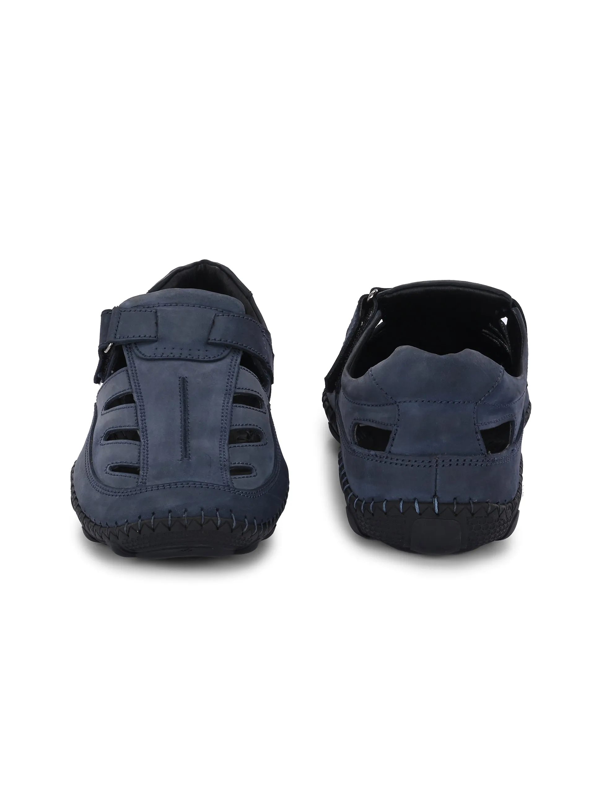 Hitz Men's Blue Leather Daily Wear Velcro Sandals