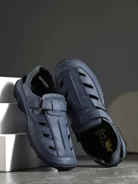 Hitz Men's Blue Leather Daily Wear Velcro Sandals