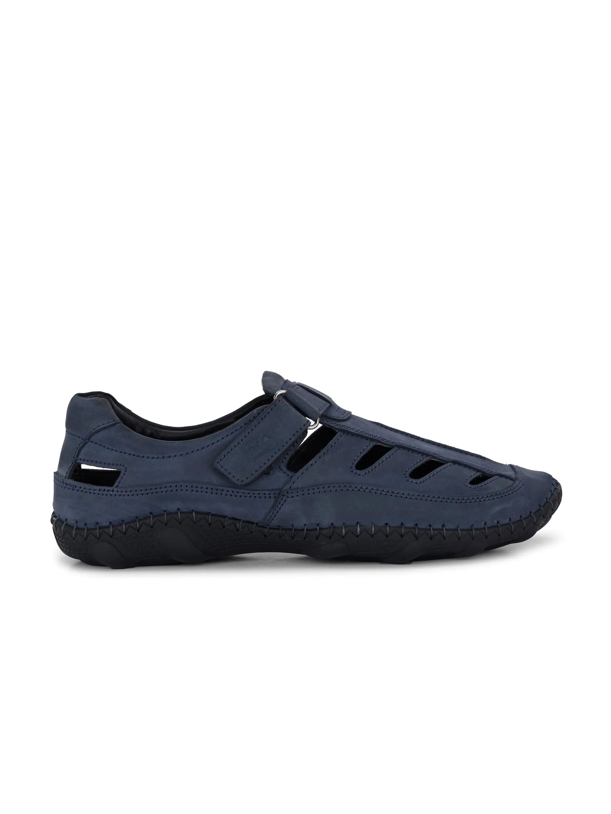 Hitz Men's Blue Leather Daily Wear Velcro Sandals