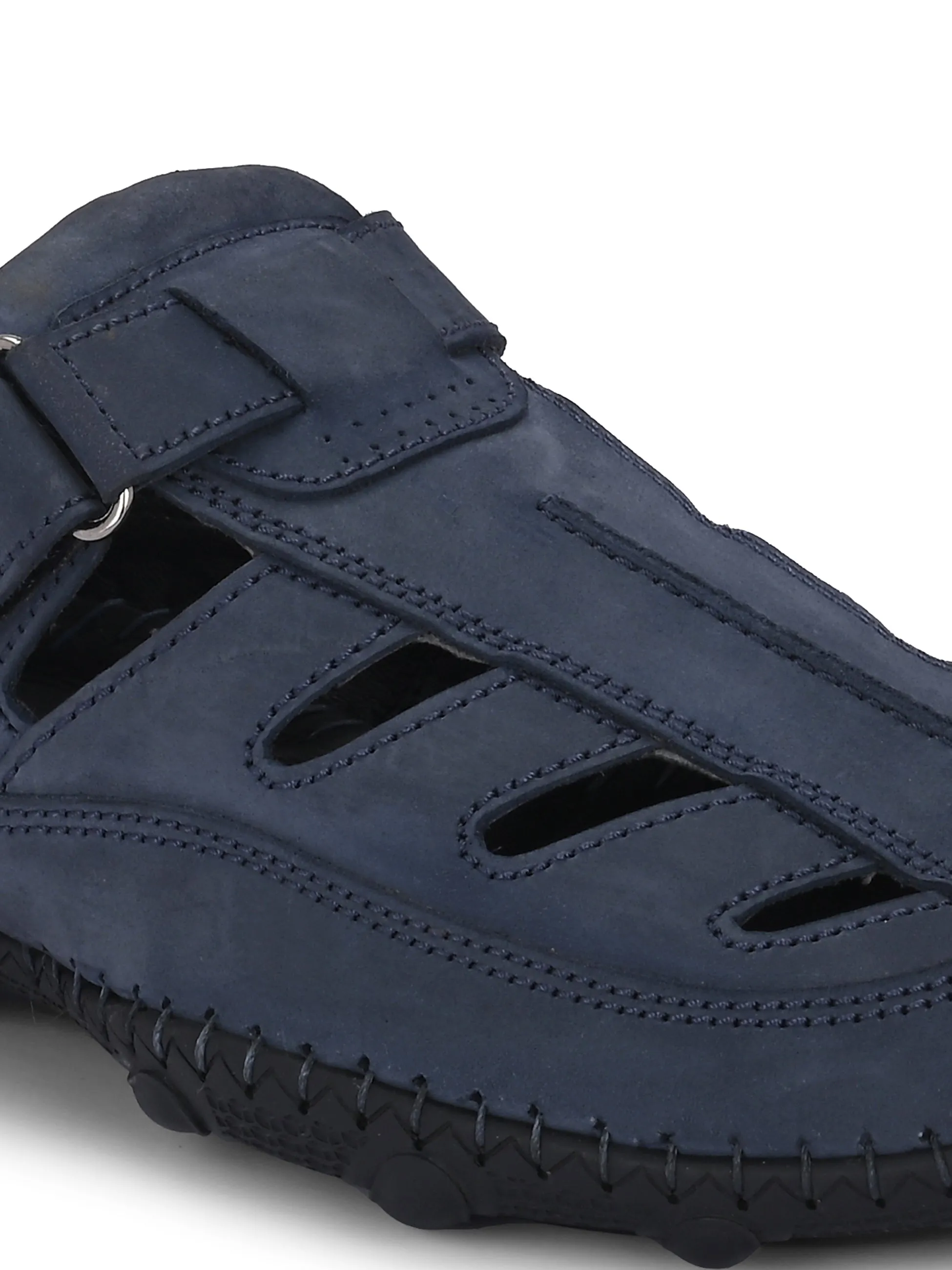 Hitz Men's Blue Leather Daily Wear Velcro Sandals