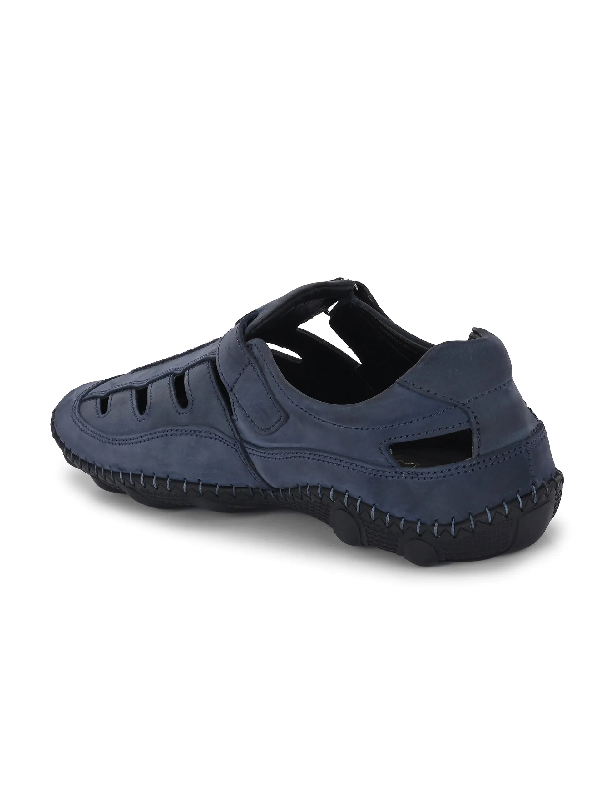 Hitz Men's Blue Leather Daily Wear Velcro Sandals
