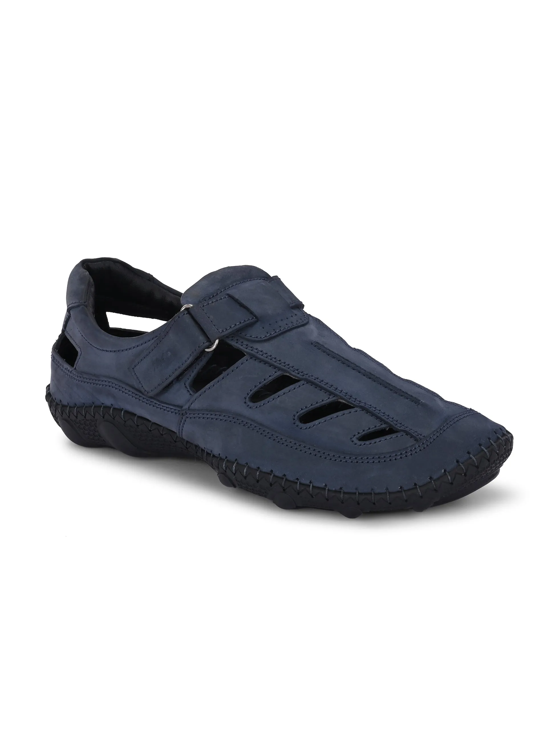 Hitz Men's Blue Leather Daily Wear Velcro Sandals