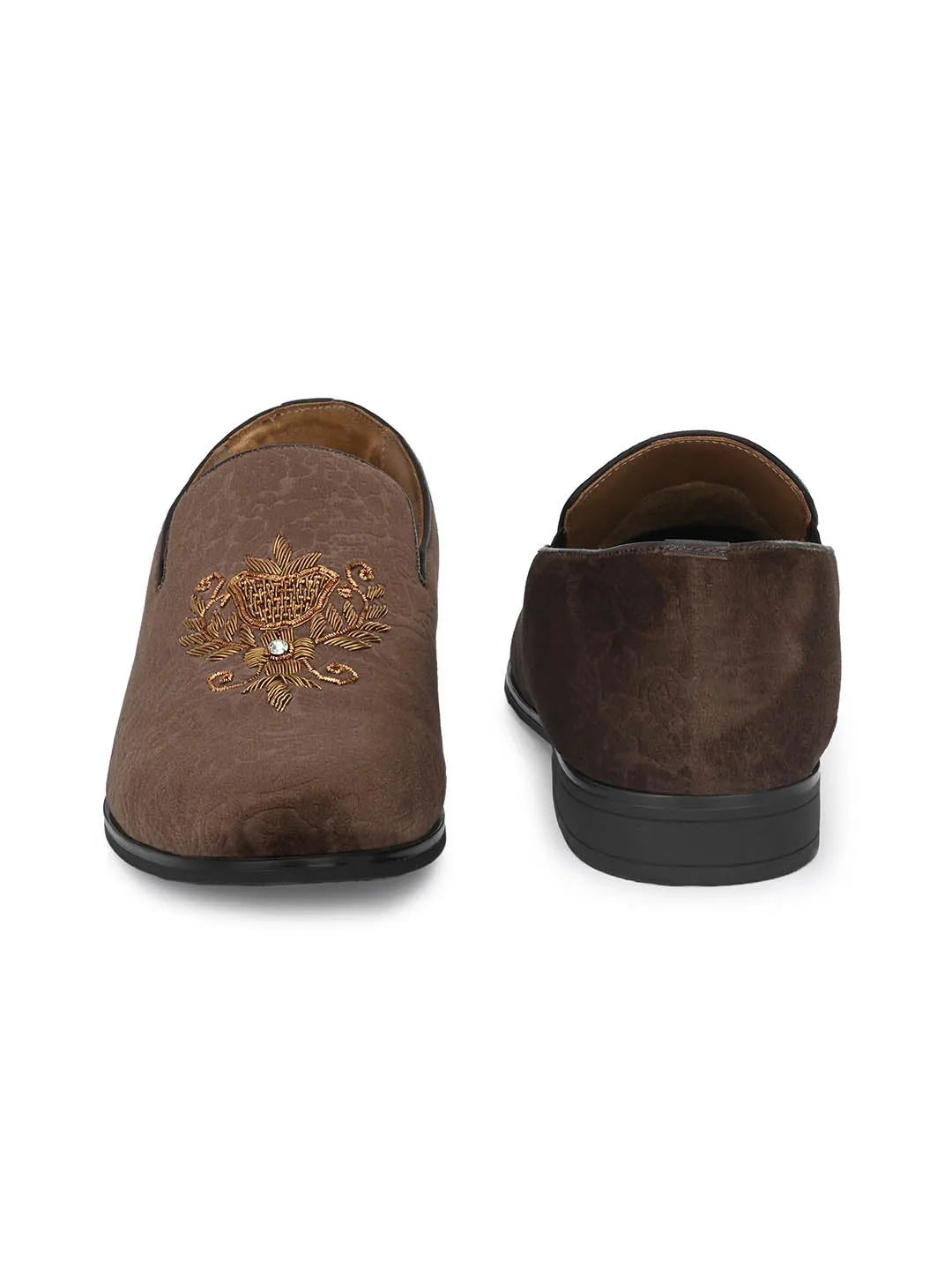 Hitz Men's Brown Slip-On Ethnic Embroidery Shoes