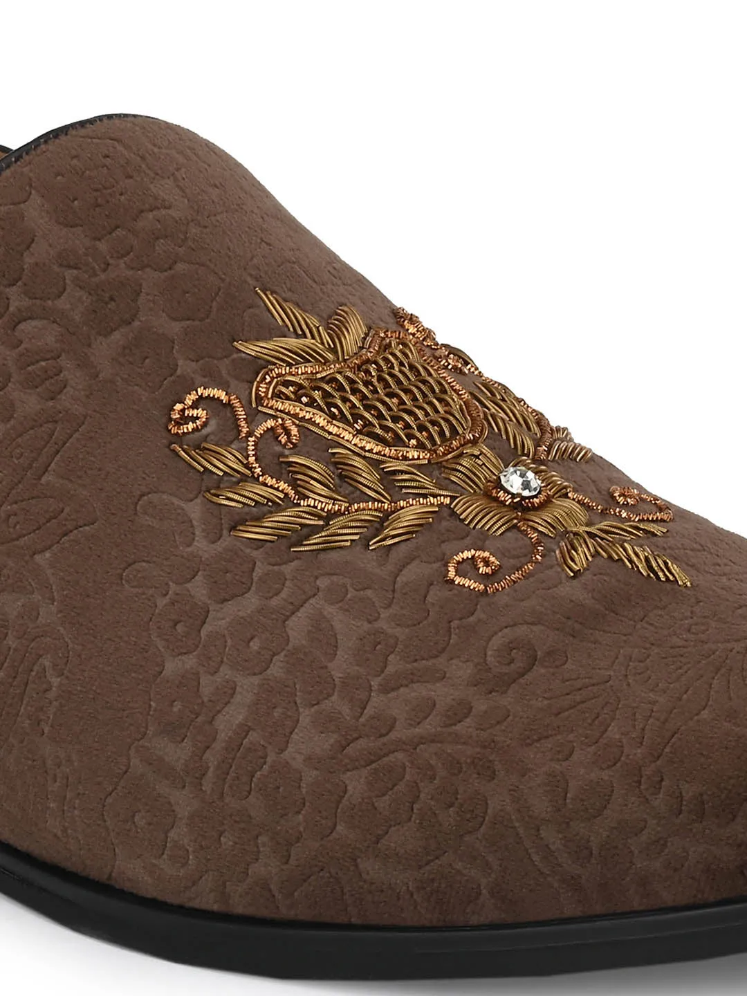 Hitz Men's Brown Slip-On Ethnic Embroidery Shoes