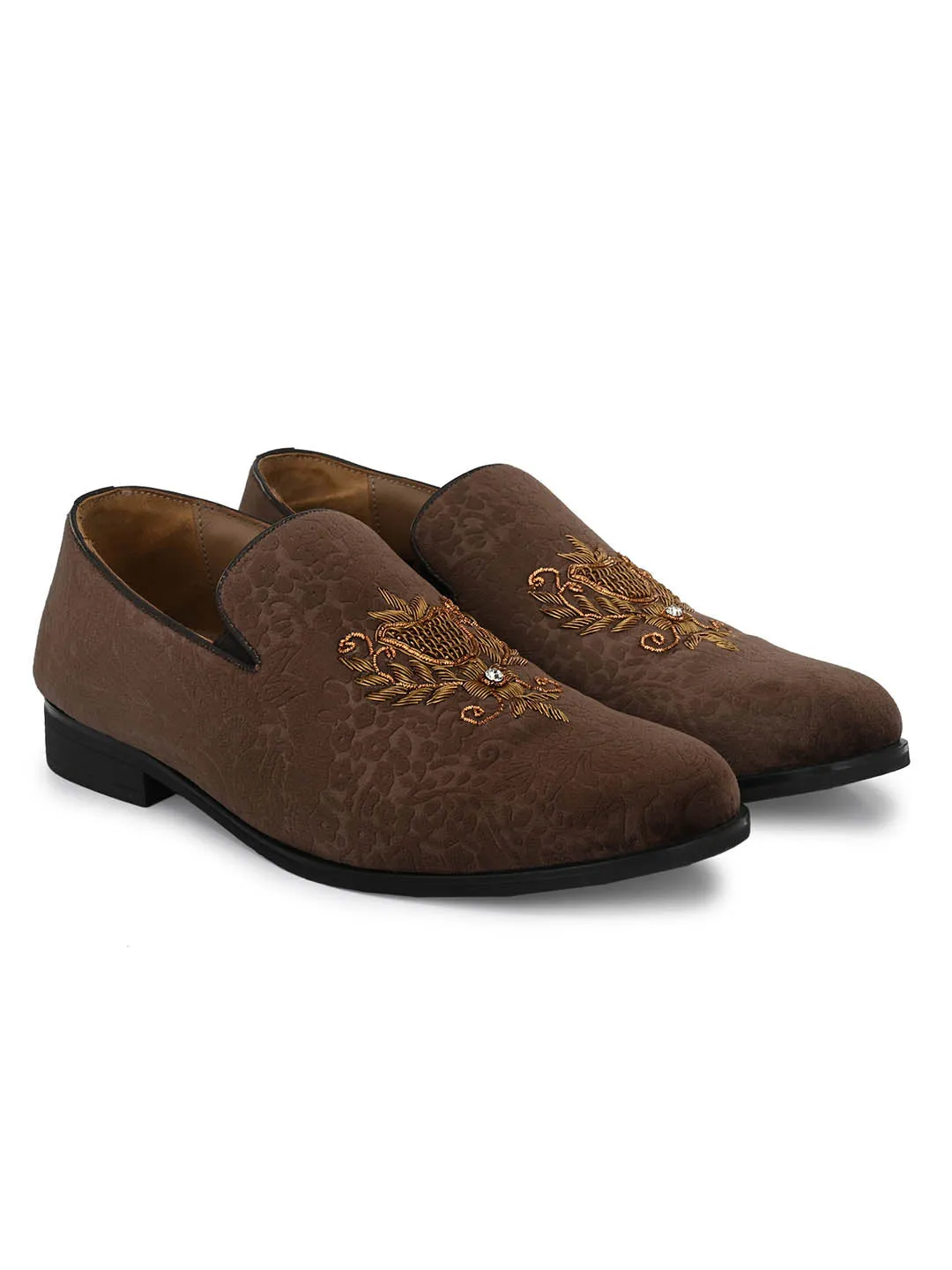 Hitz Men's Brown Slip-On Ethnic Embroidery Shoes