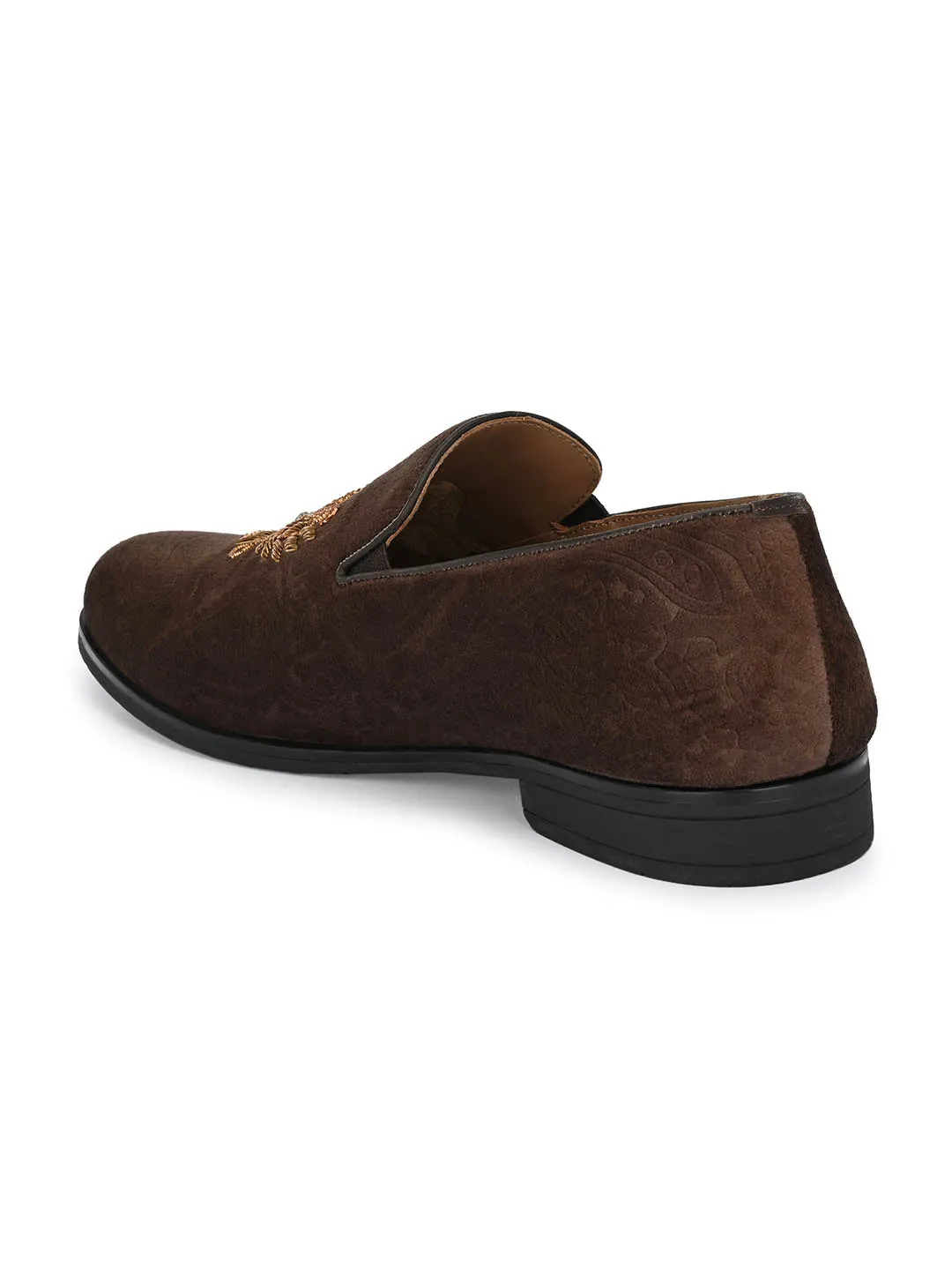 Hitz Men's Brown Slip-On Ethnic Embroidery Shoes