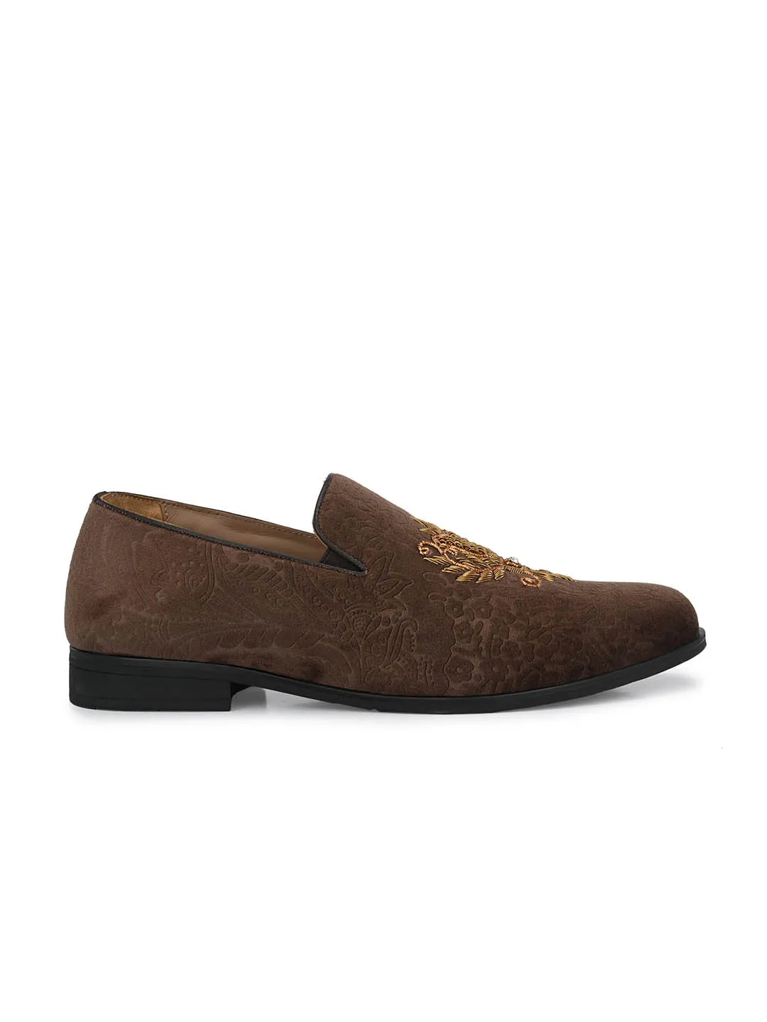Hitz Men's Brown Slip-On Ethnic Embroidery Shoes