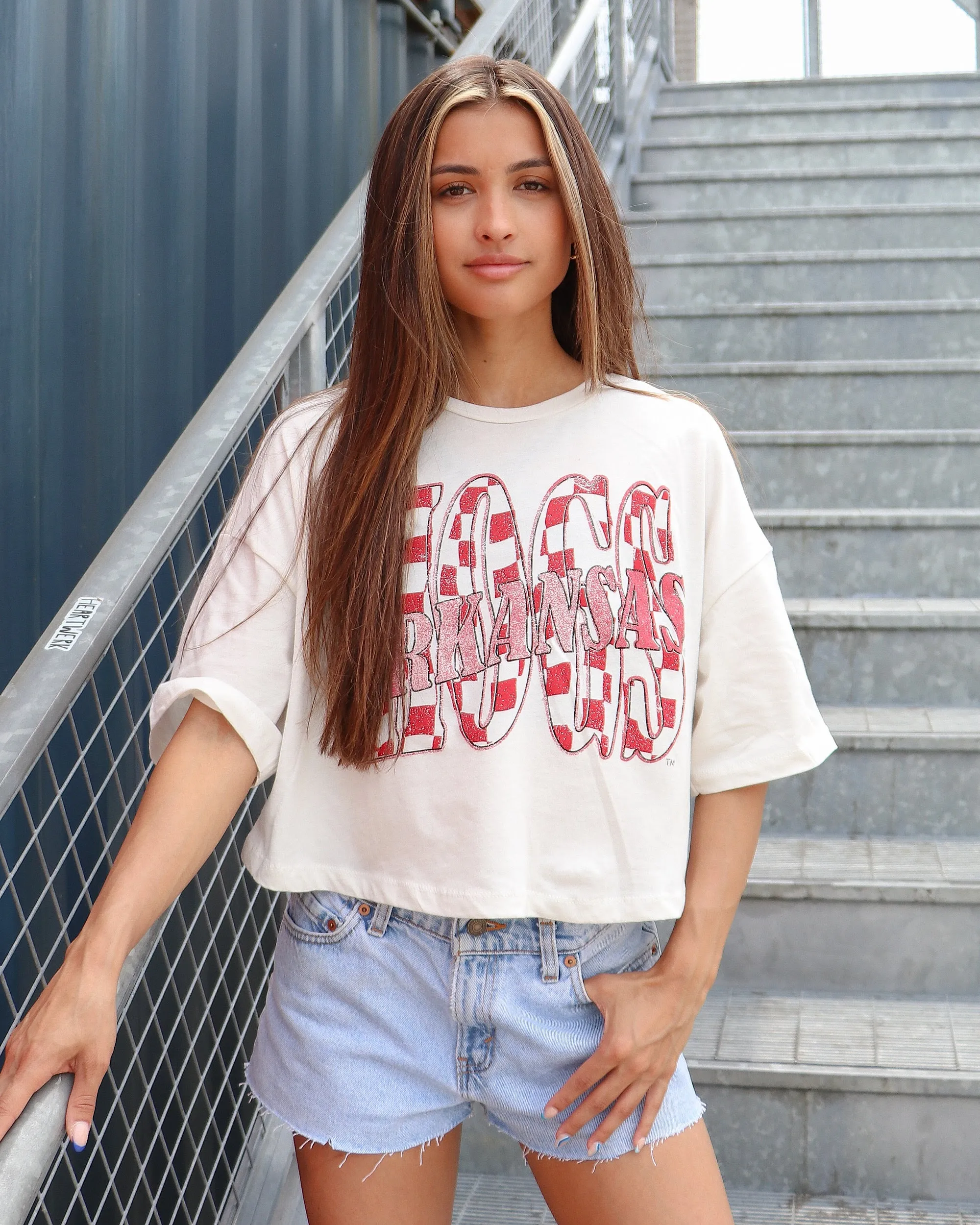 Hogs Twisted Check White Cropped Tee