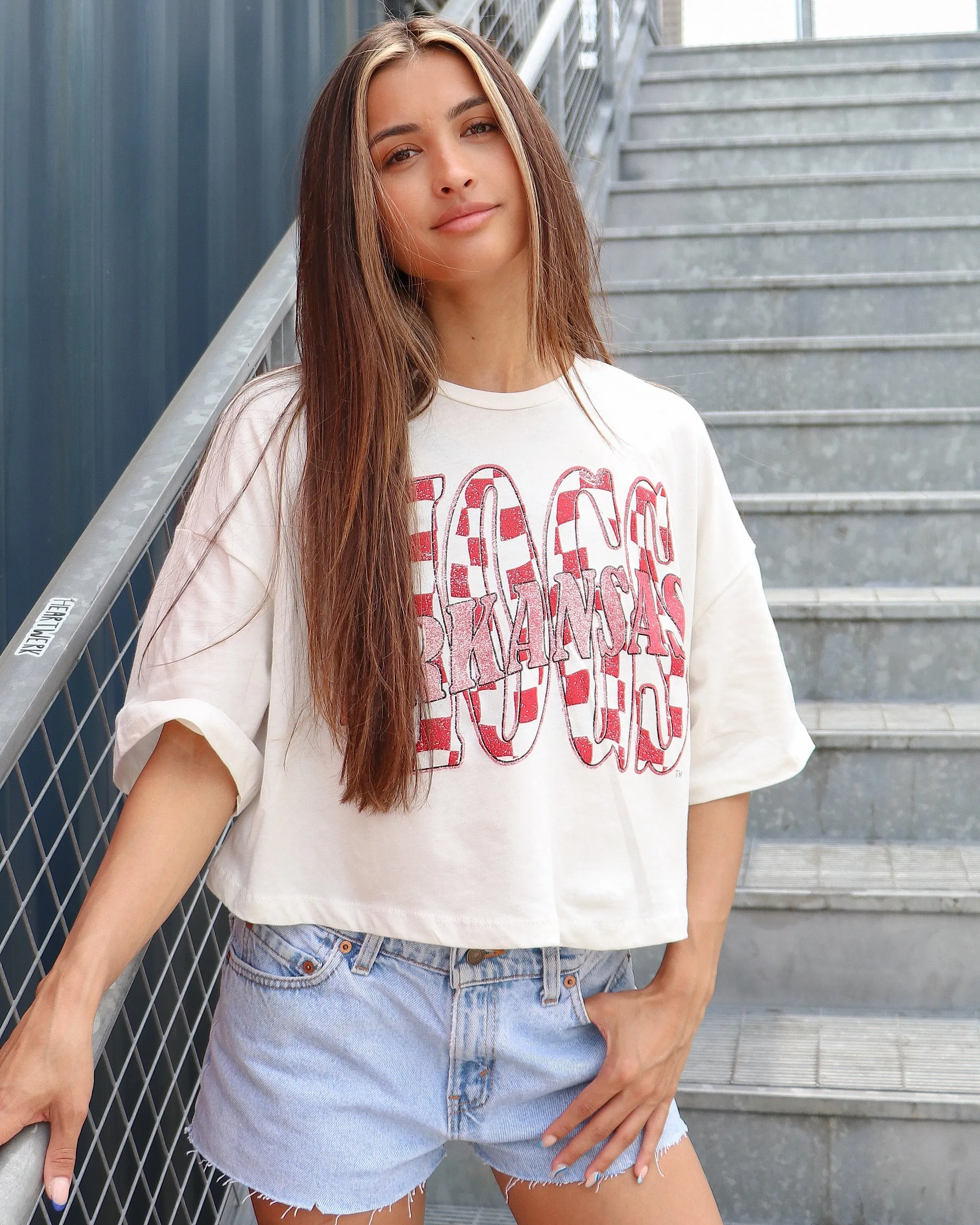 Hogs Twisted Check White Cropped Tee