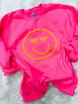 HOT PINK HEART SMILEY FACE PUFF PRINT SWEATSHIRT