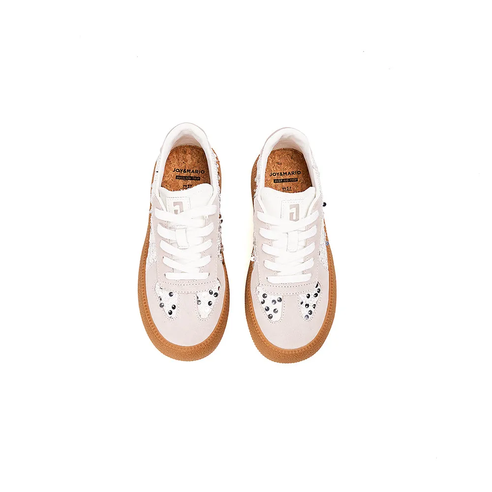 JOY&MARIO Women’s Lace-up Cow Suede and Sequins Desun Shoes in White-83571W