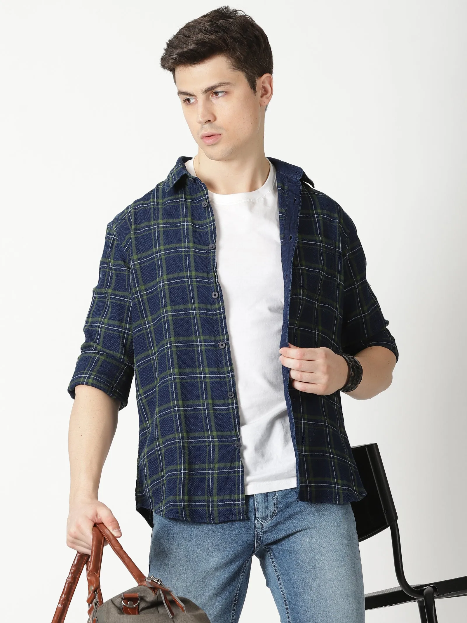 MEN'S GREEN CHECKS SLIM FIT SHIRT