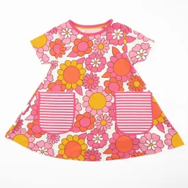 Mini Boden Girls Pink Floral Cotton Jersey Short Sleeve Pockets Dresses