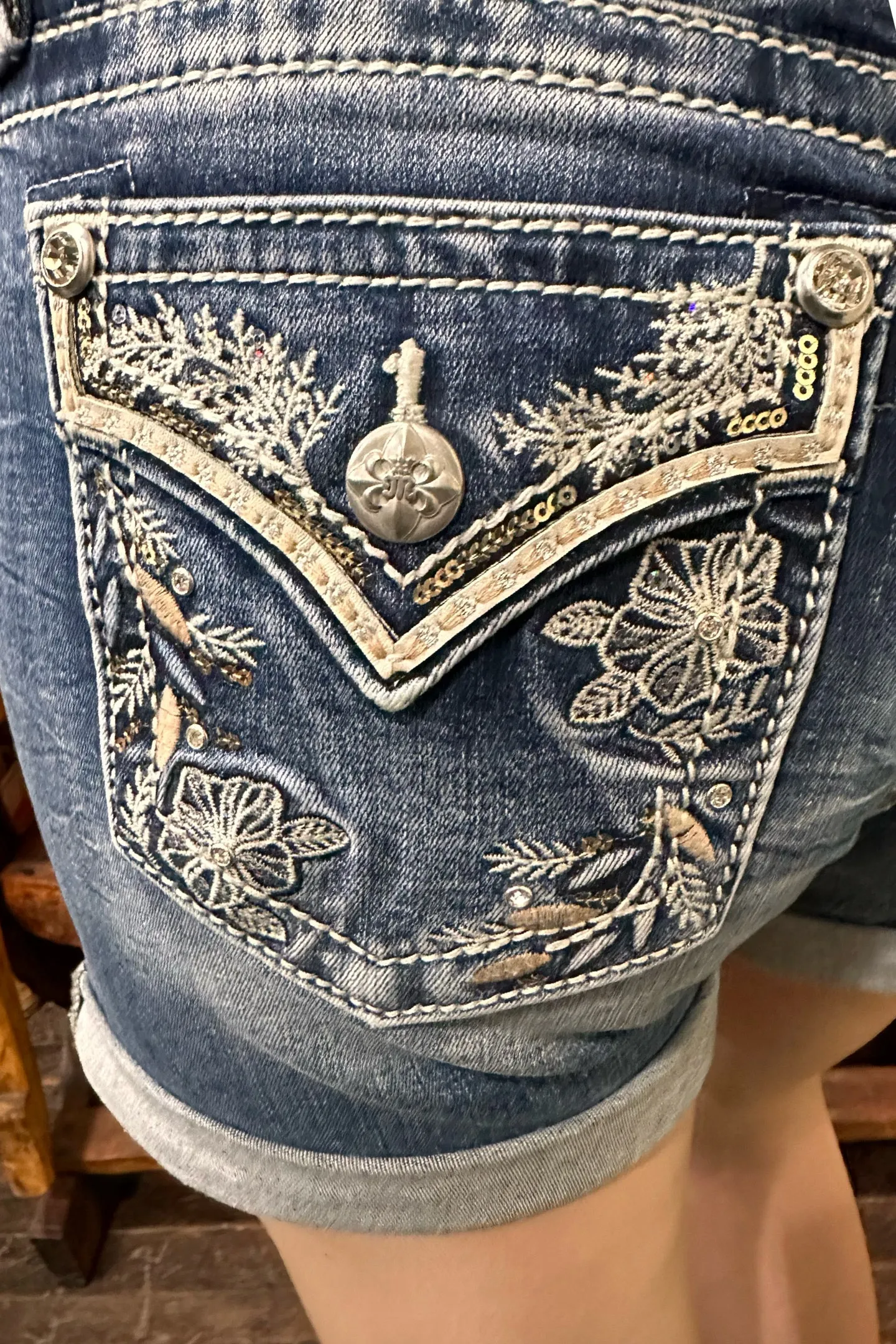 Miss Me Leather 'n Sequin Mid Rise Shorts