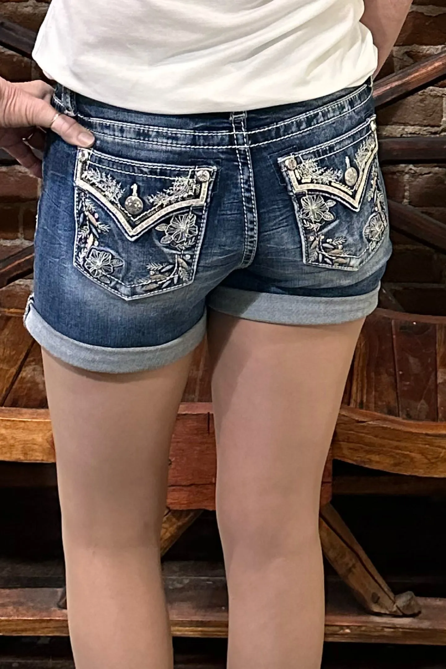 Miss Me Leather 'n Sequin Mid Rise Shorts