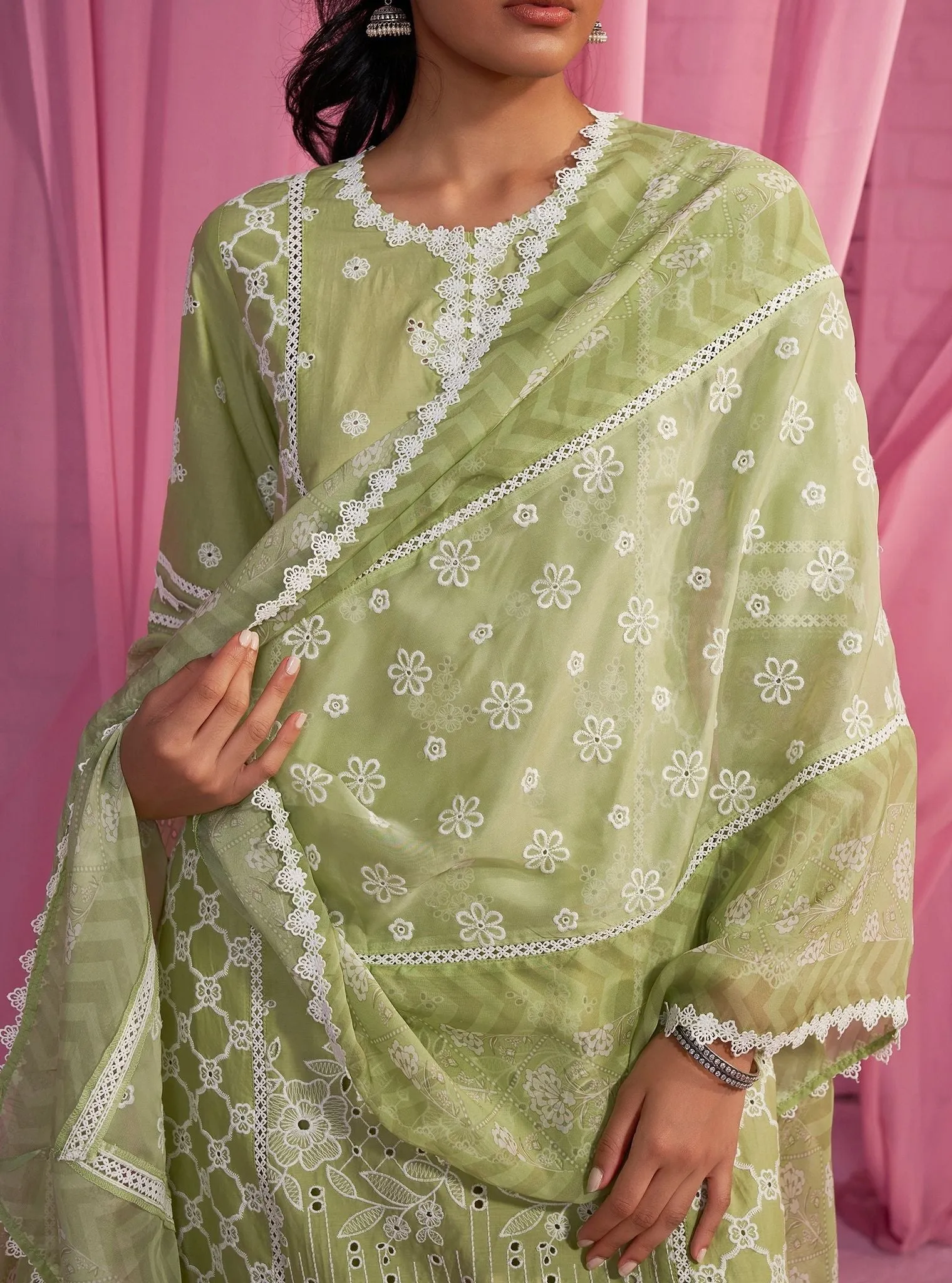 Mulmul Cotton Dhitya Light Green Kurta With Mulmul Cotton Dhitya Light Green Pant