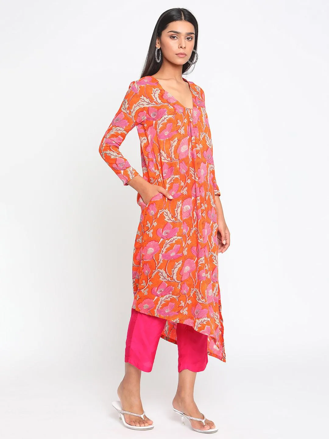 Orange Hand Block Printed Slit Silk Kurta Pant Set