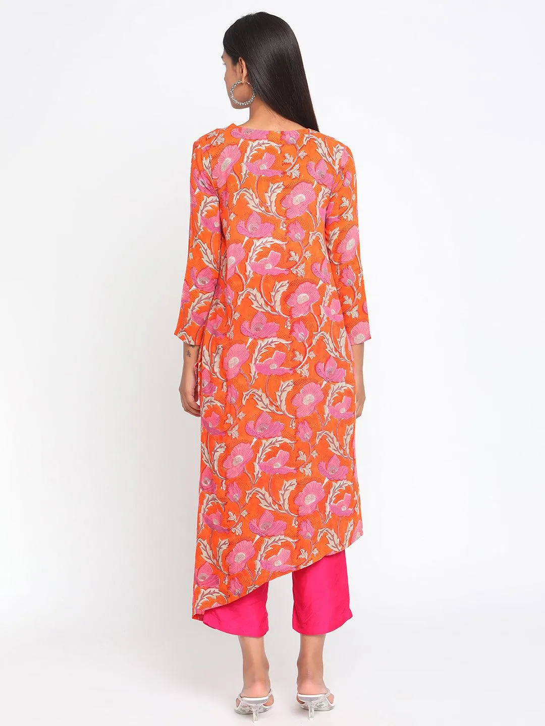 Orange Hand Block Printed Slit Silk Kurta Pant Set