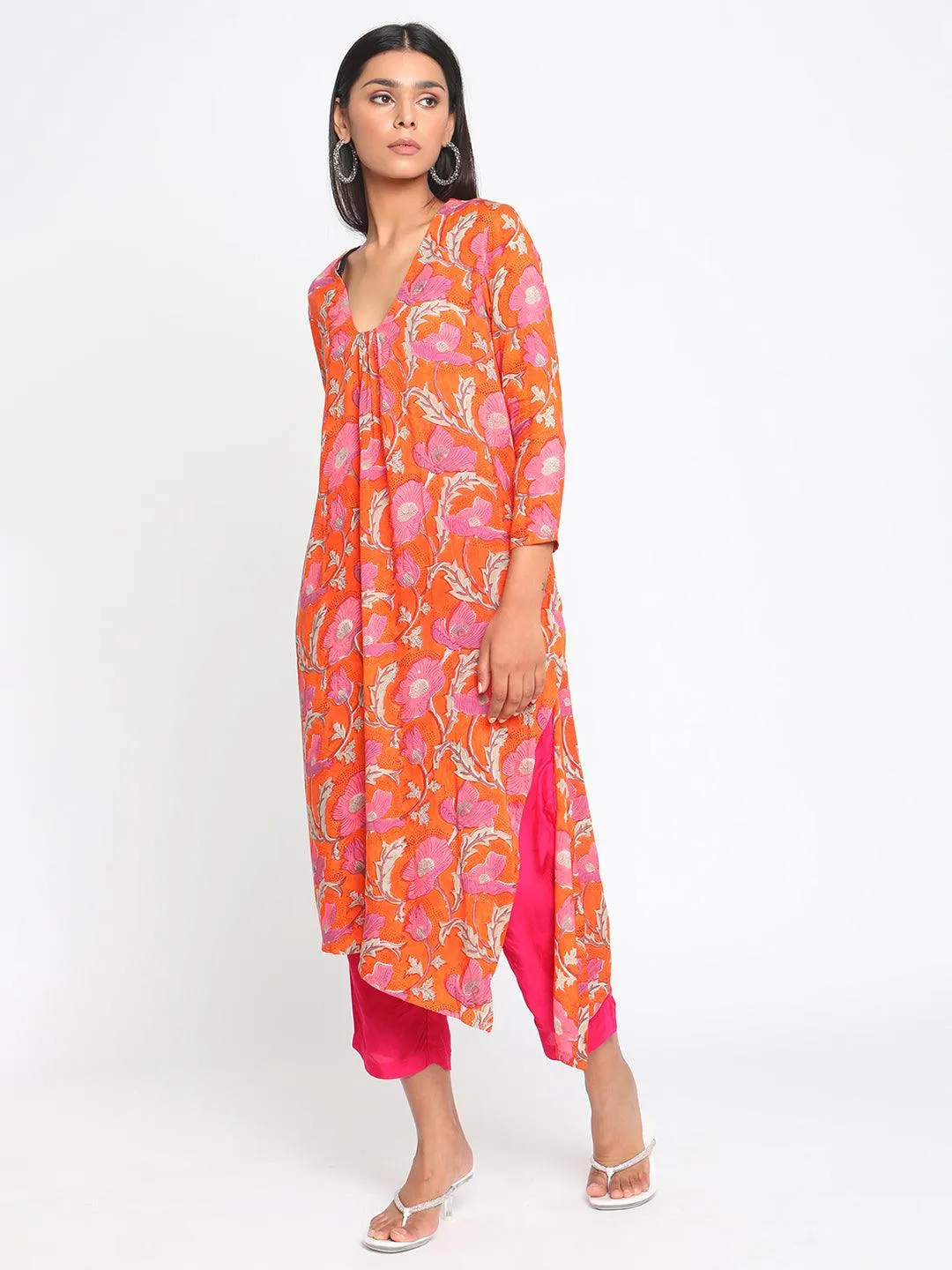 Orange Hand Block Printed Slit Silk Kurta Pant Set