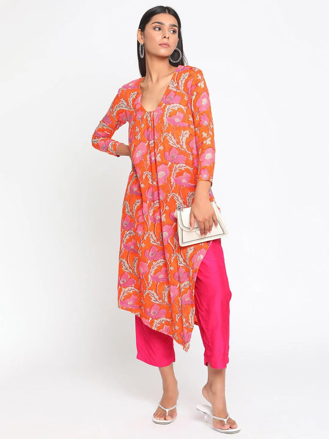 Orange Hand Block Printed Slit Silk Kurta Pant Set