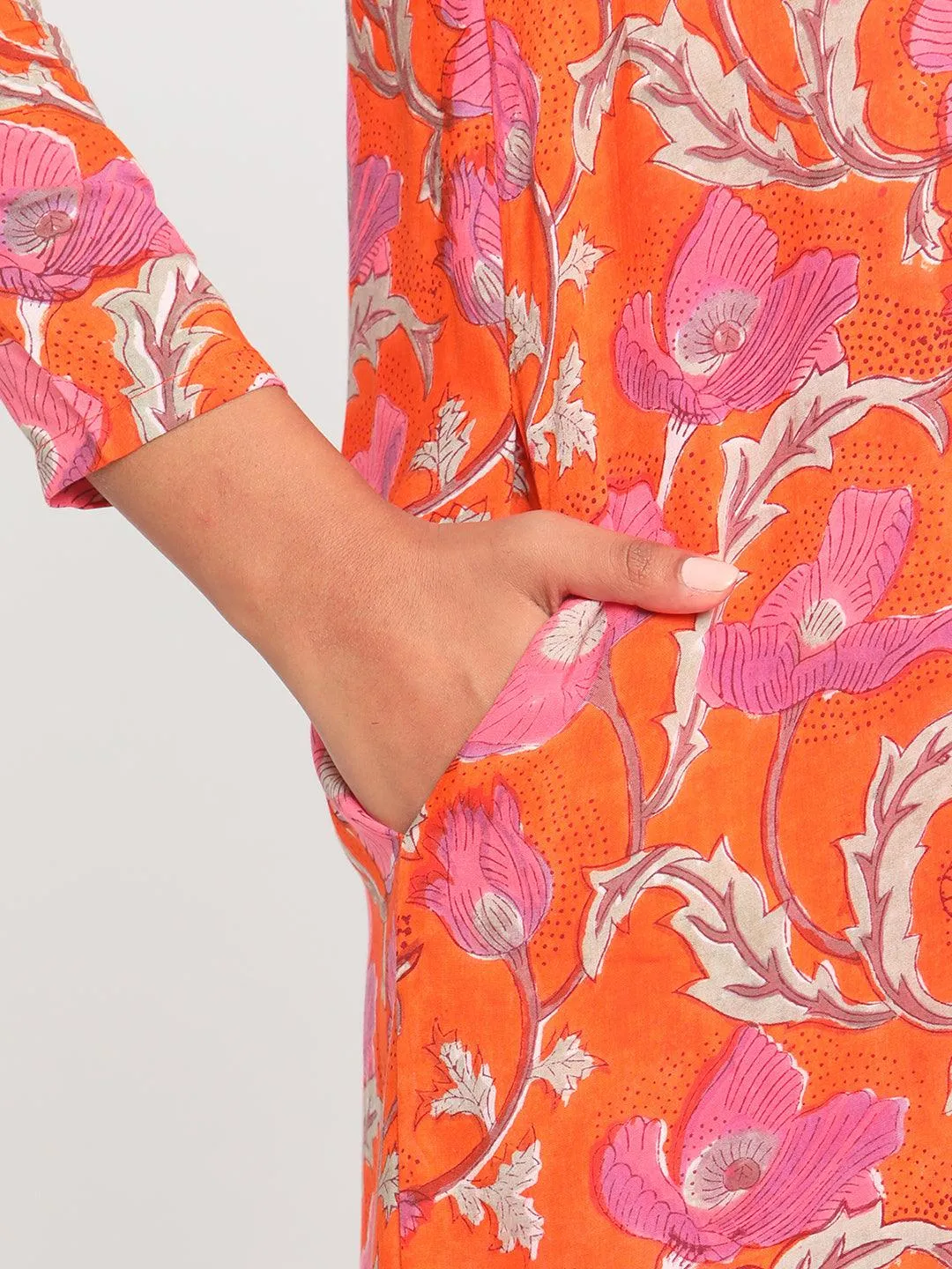 Orange Hand Block Printed Slit Silk Kurta Pant Set