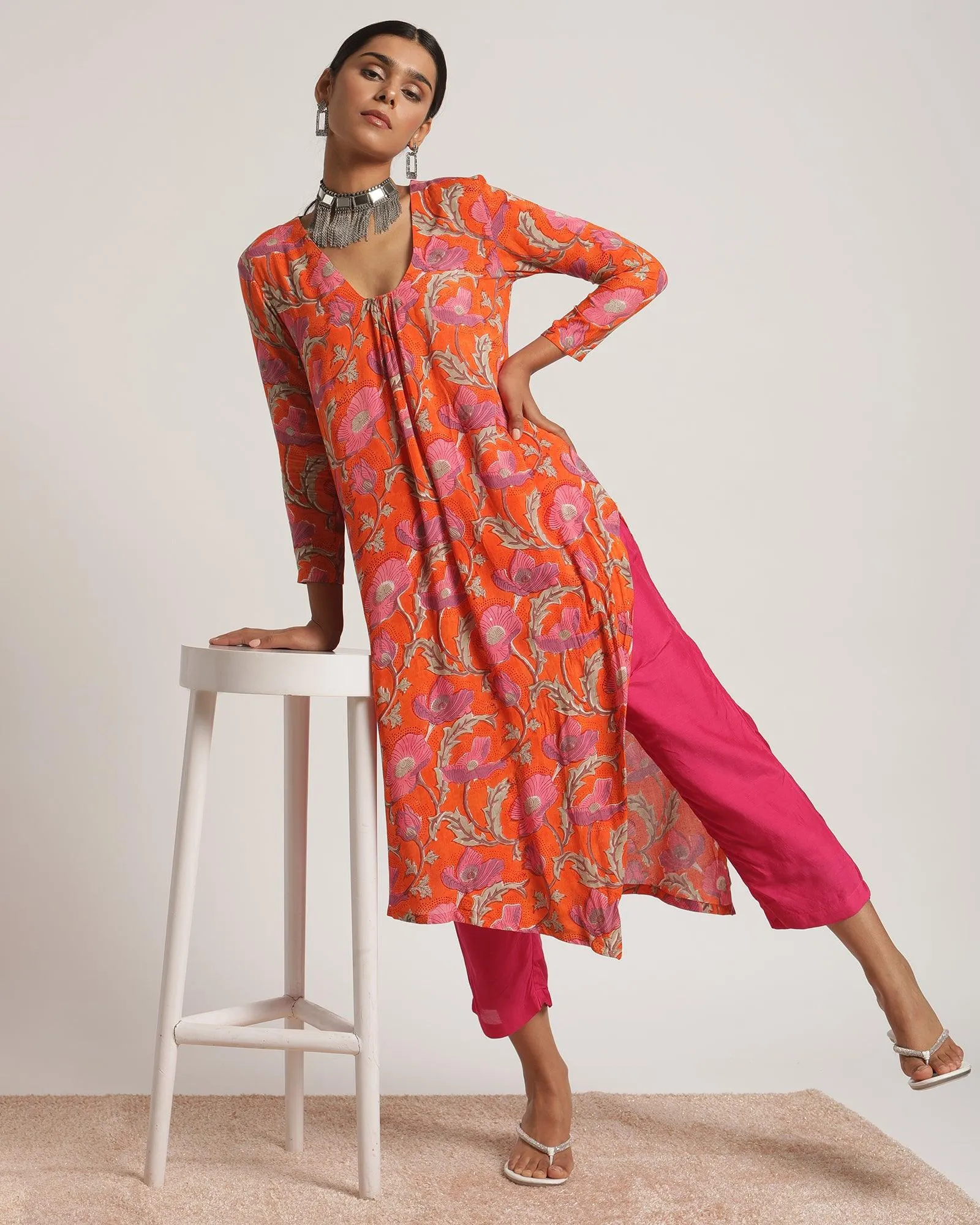 Orange Hand Block Printed Slit Silk Kurta Pant Set