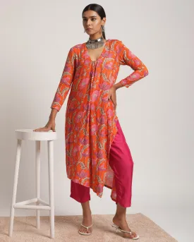 Orange Hand Block Printed Slit Silk Kurta Pant Set