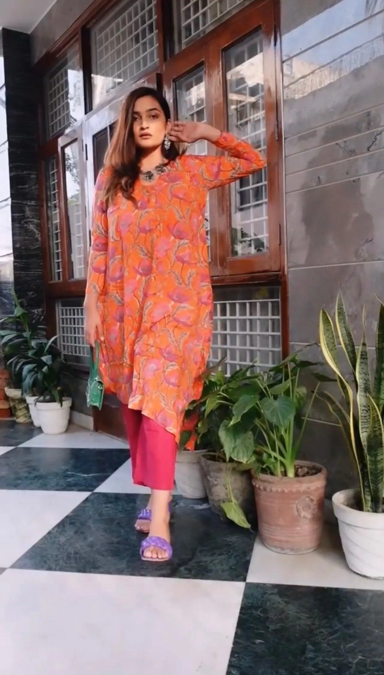 Orange Hand Block Printed Slit Silk Kurta Pant Set