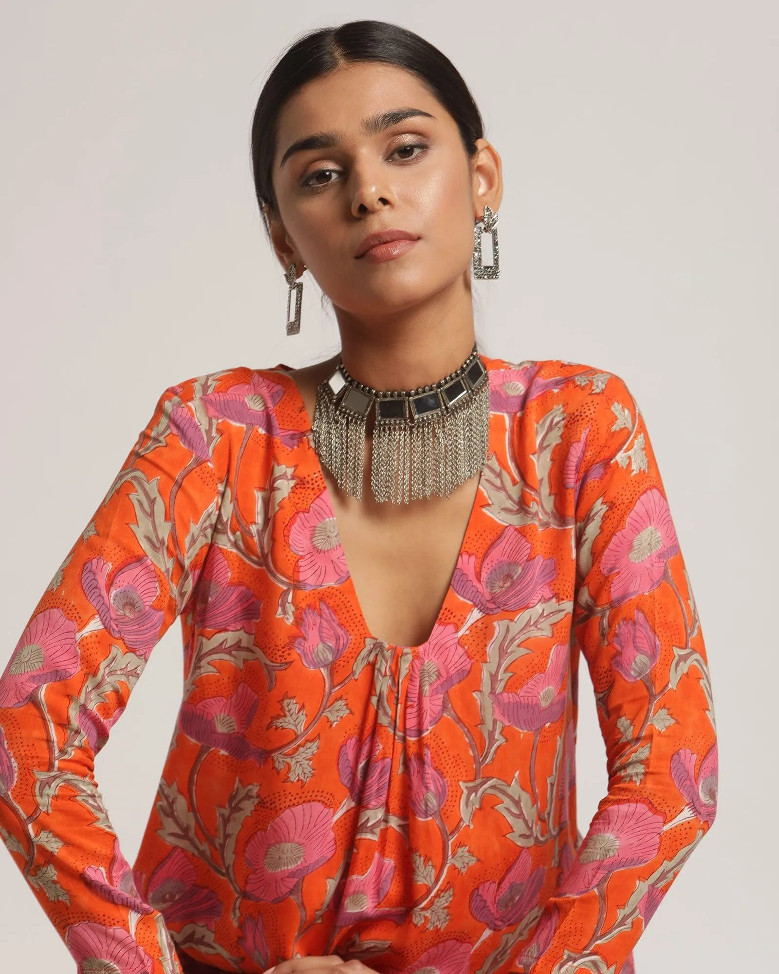 Orange Hand Block Printed Slit Silk Kurta Pant Set