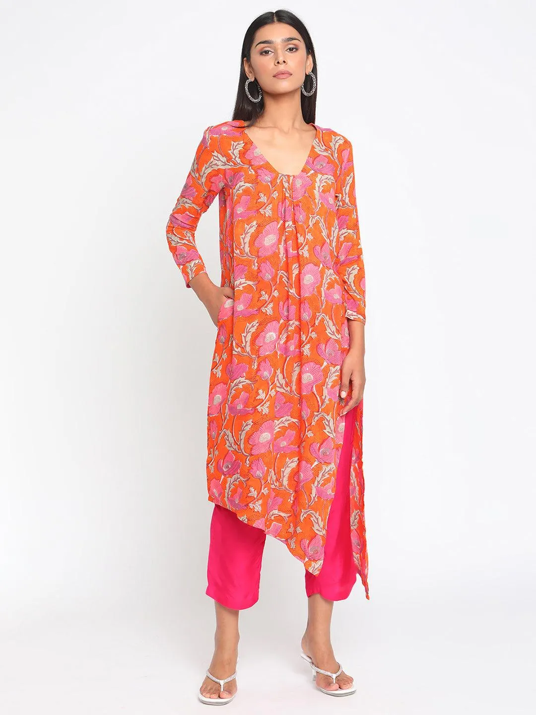 Orange Hand Block Printed Slit Silk Kurta Pant Set