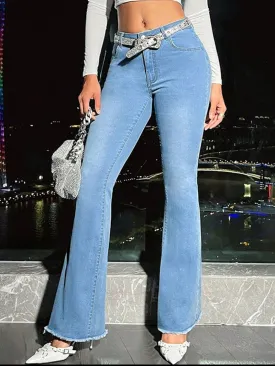 Raw Hem Bootcut Light Blue Denim Jeans with Pockets