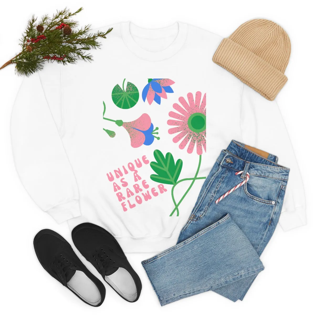 Retro Sweatshirt, Unique as a Rare Flower Top, Positivity Unisex Oversized Crewneck Sweatshirt, Flower Aesthetic Pink Plant Sweatshirt