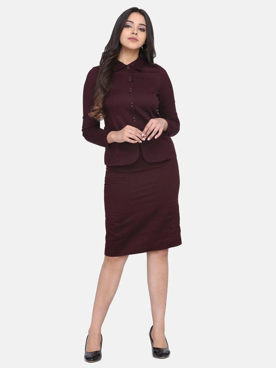 Slim Fit Formal Stretch Skirt Suit - Burgundy Red