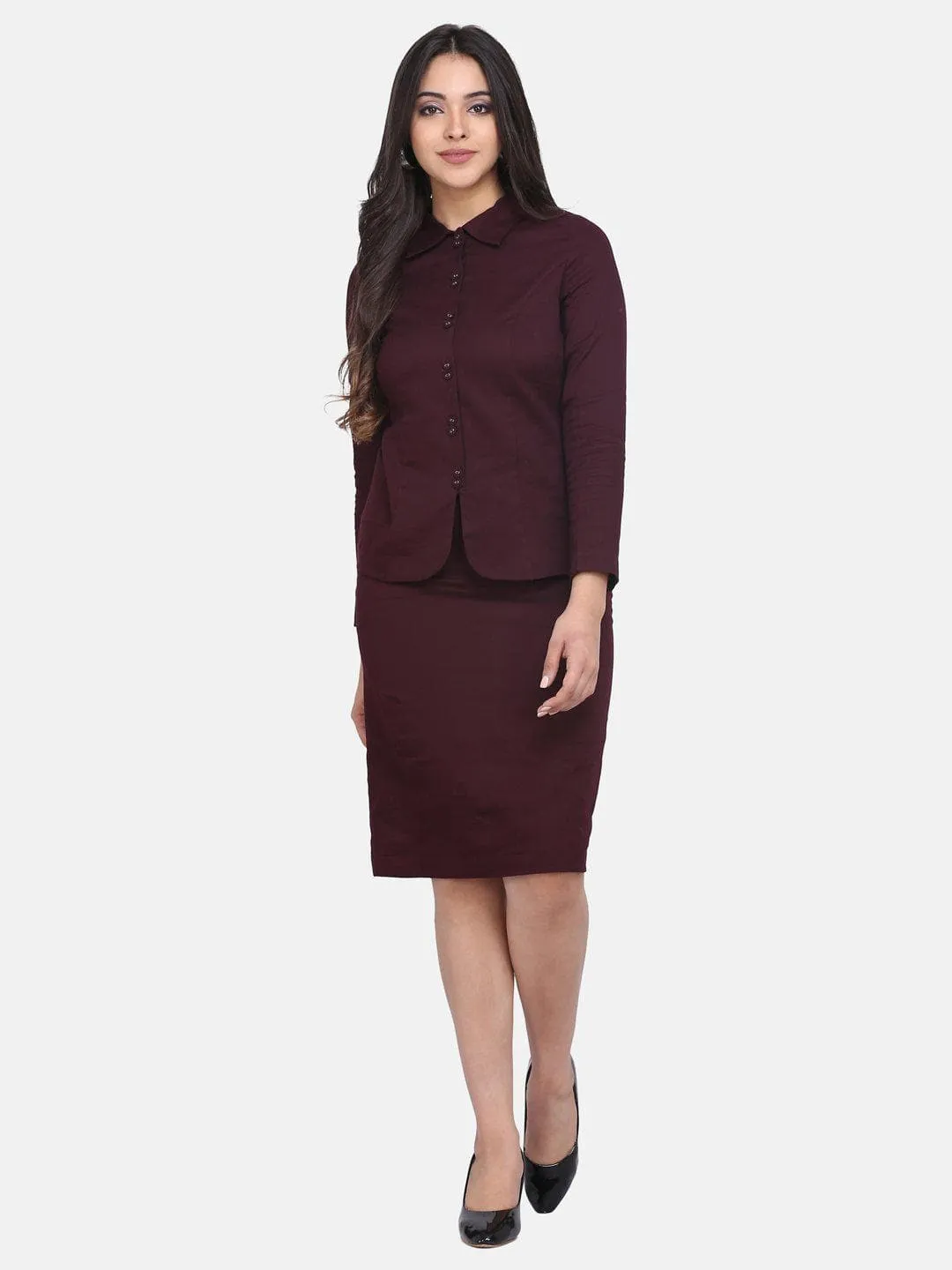 Slim Fit Formal Stretch Skirt Suit - Burgundy Red