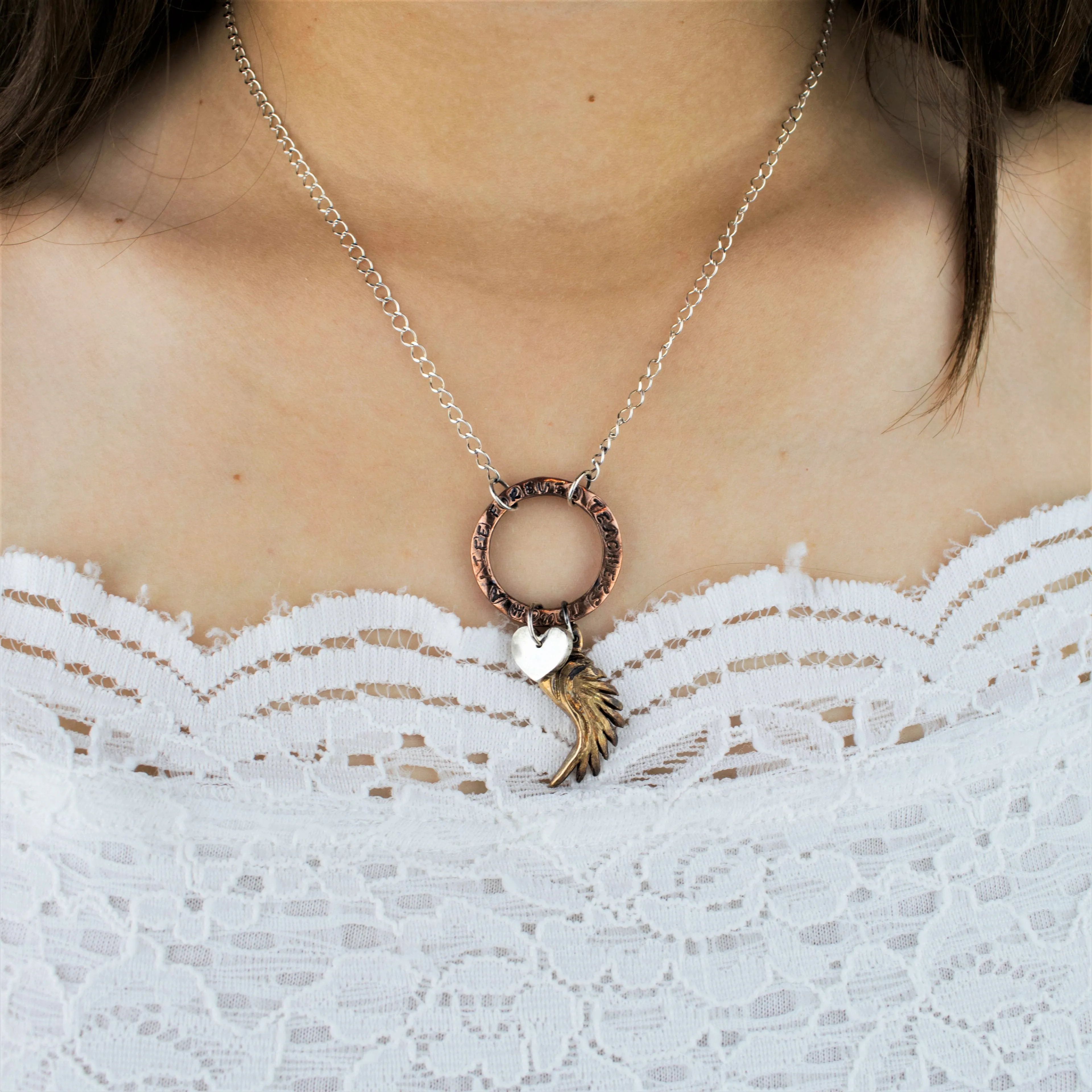 Teacher Necklace with Sterling Silver Heart, Bronze Wing and Custom Quote