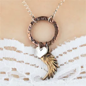 Teacher Necklace with Sterling Silver Heart, Bronze Wing and Custom Quote