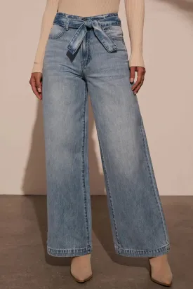Tied Wide Leg Denim Jeans with Pockets