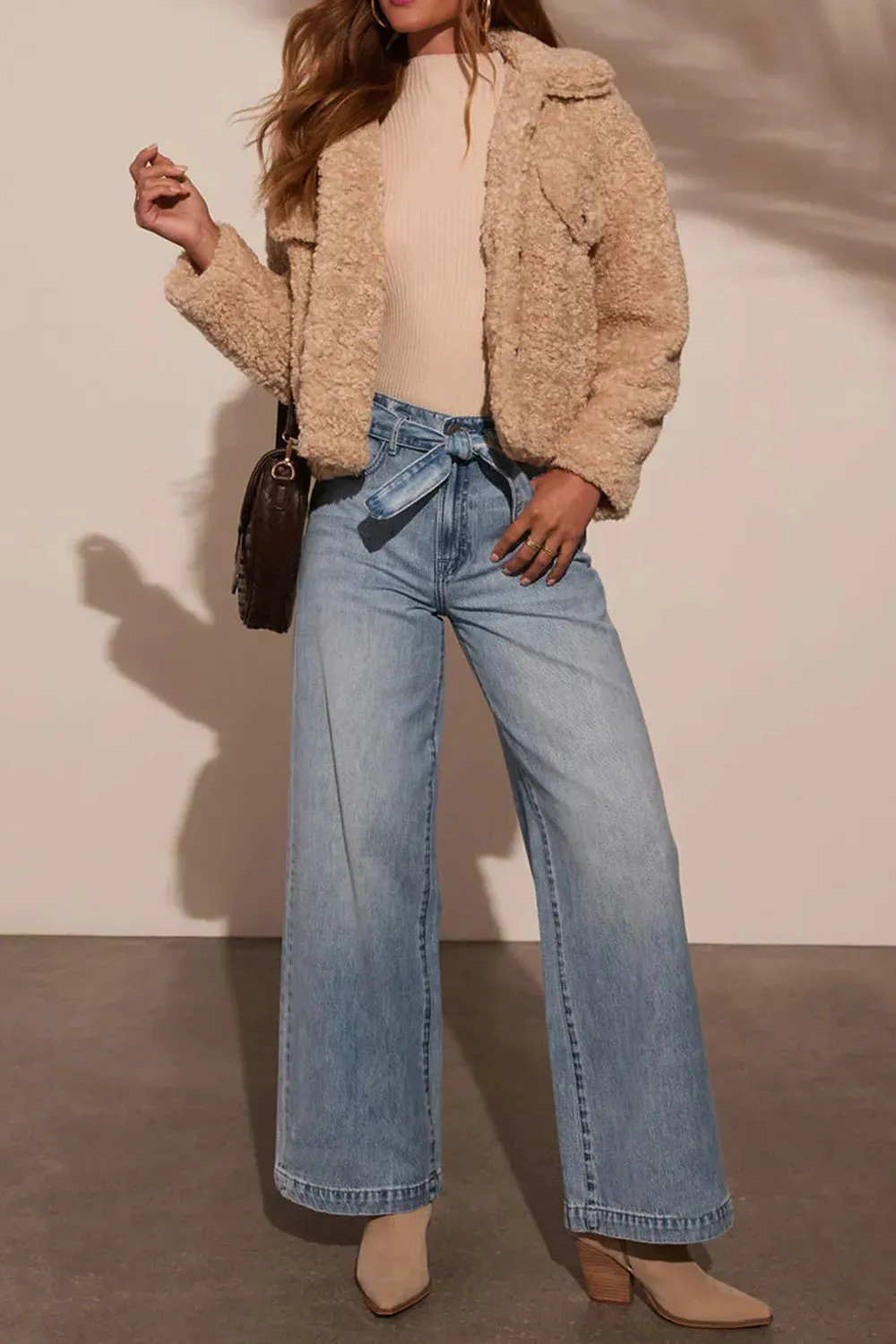 Tied Wide Leg Denim Jeans with Pockets